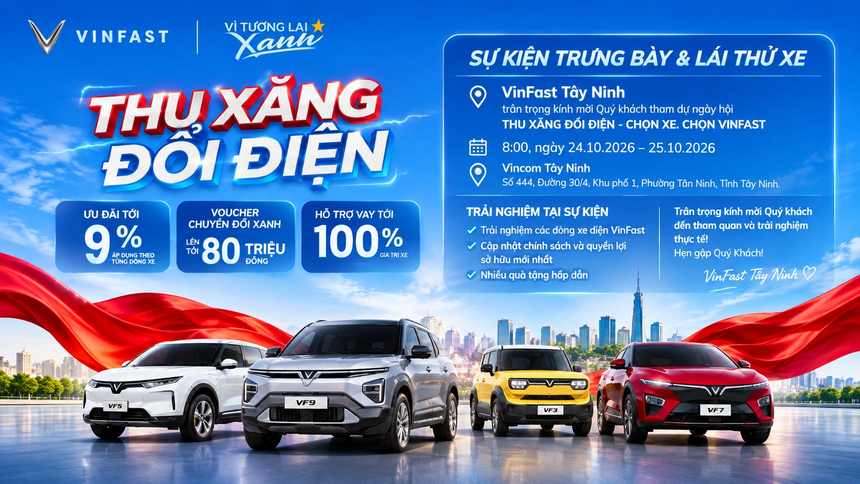 Thu xăng đổi điện: Sự Kiện Trưng bày & Lái thử VinFast Tây Ninh tại Vincom 24–25/10/2026